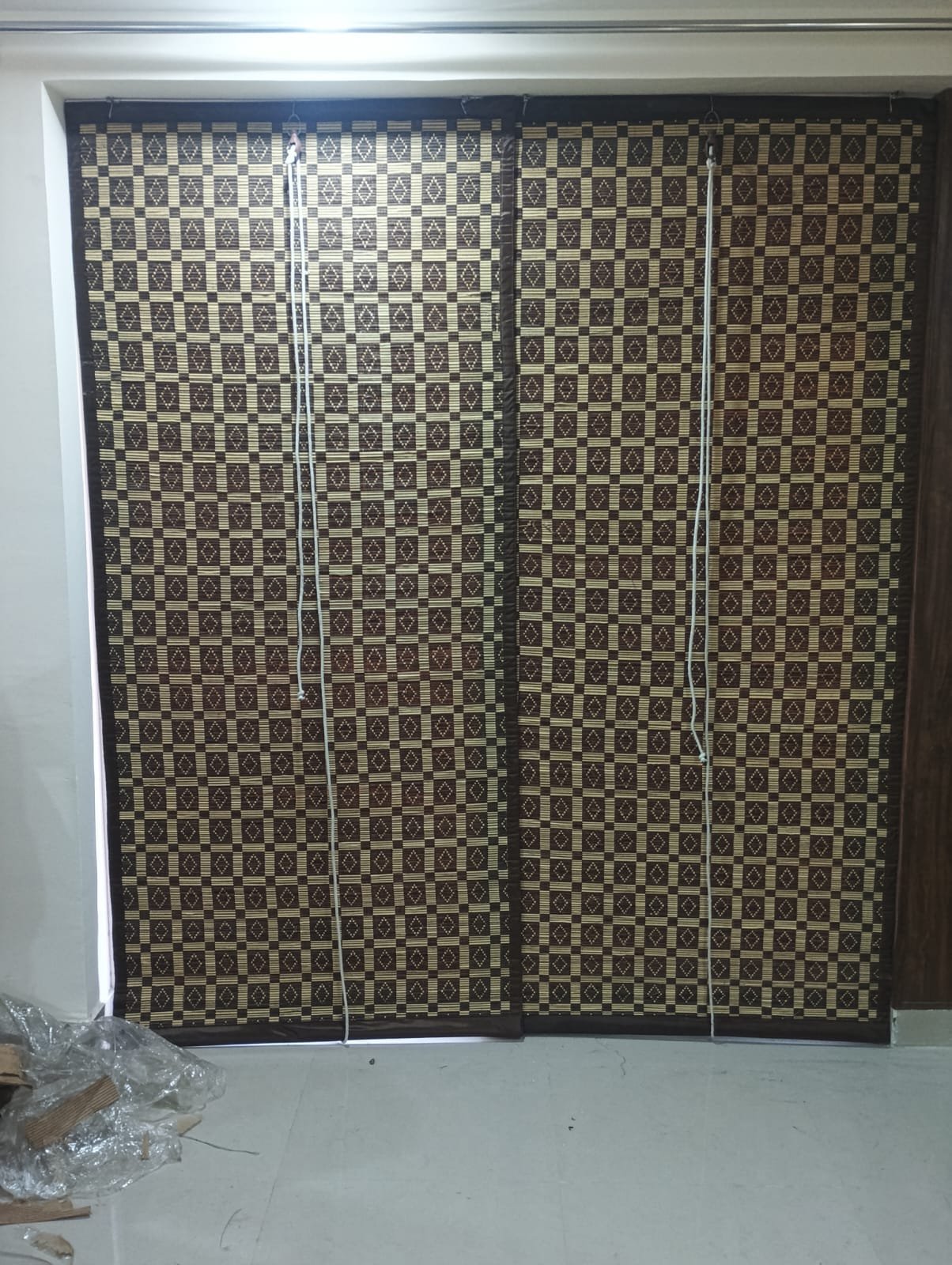 Intricate diamond geometric weave decorative bamboo chick blinds for apartment